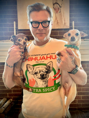 Man holding his pet chihuahuas and wearing a cute funny Spicy Chihuahua Tshirt
