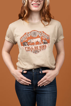 Close up of a woman wearing Pet Rodeo's Y'all Be Kind Vintage Western Graphic tshirt