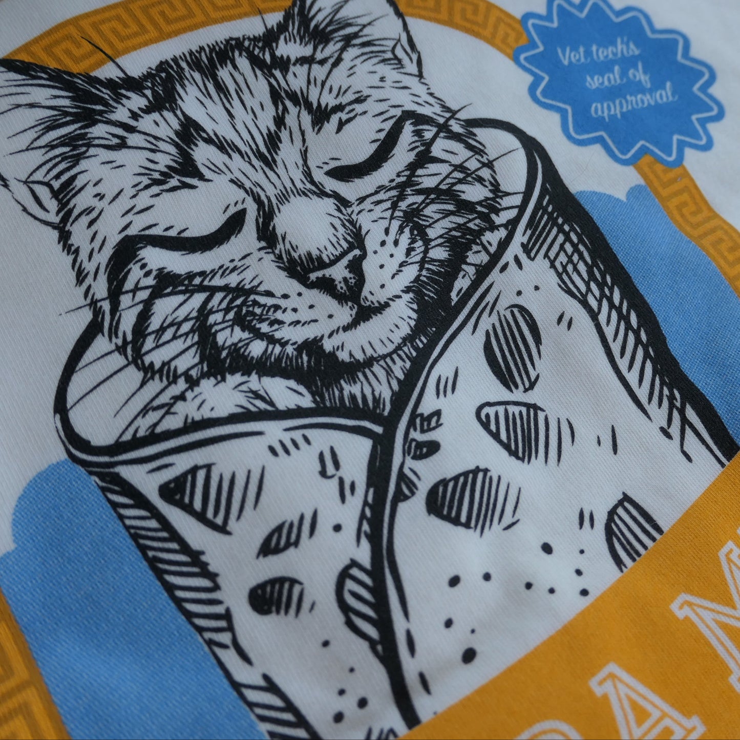 Detailed close up of Purrito Kitty illustration on a t-shirt