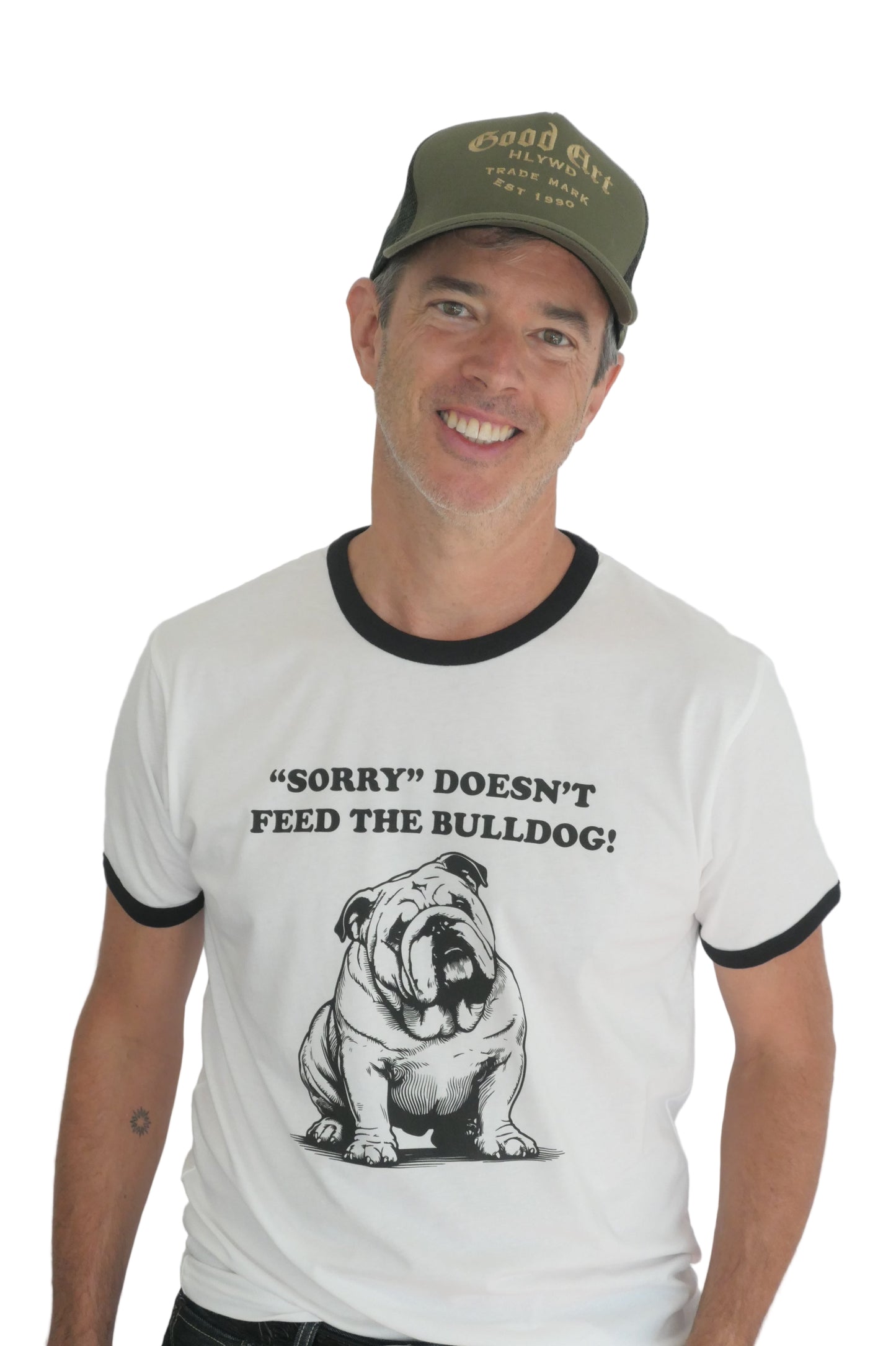 Man wearing a white retro ringer t-shirt with a bulldog design