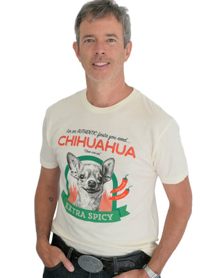 A man wearing a Spicy Chihuahua T-shirt