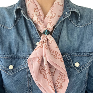 Pink Horse Bandana worn with denim western shirt
