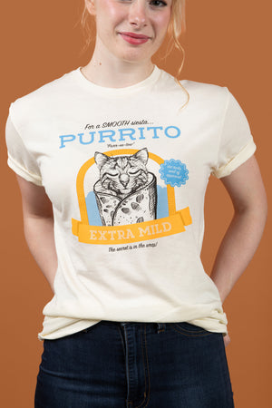 Close up photo of a woman wearing a Purrito Cat T-shirt