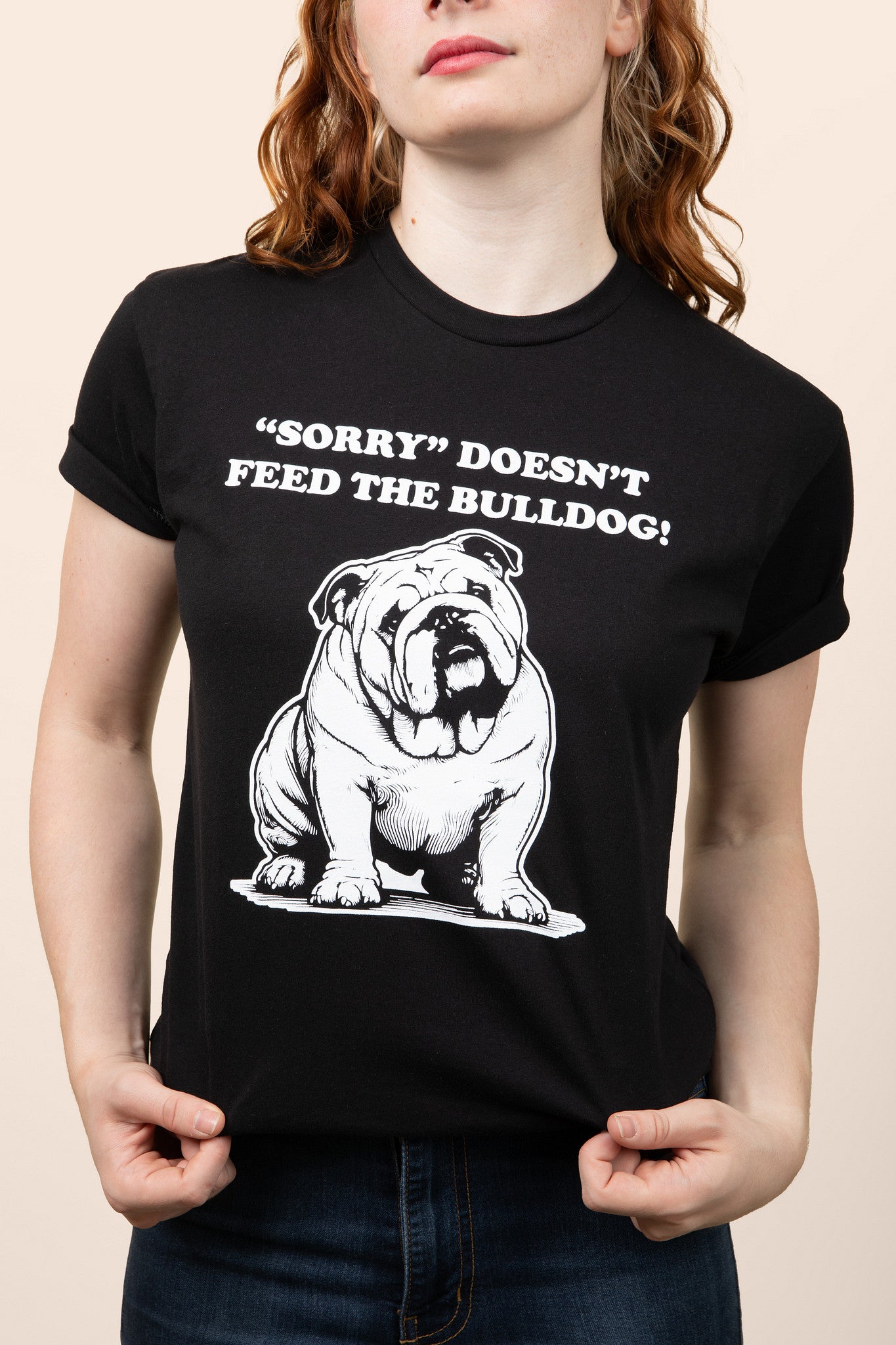 Close up image of a woman wearing Pet Rodeo's Black and White Bulldog Graphic tee
