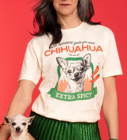 Close up view of Pet Rodeo's Spicy Chihuahua Tshirt on a woman with a small dog