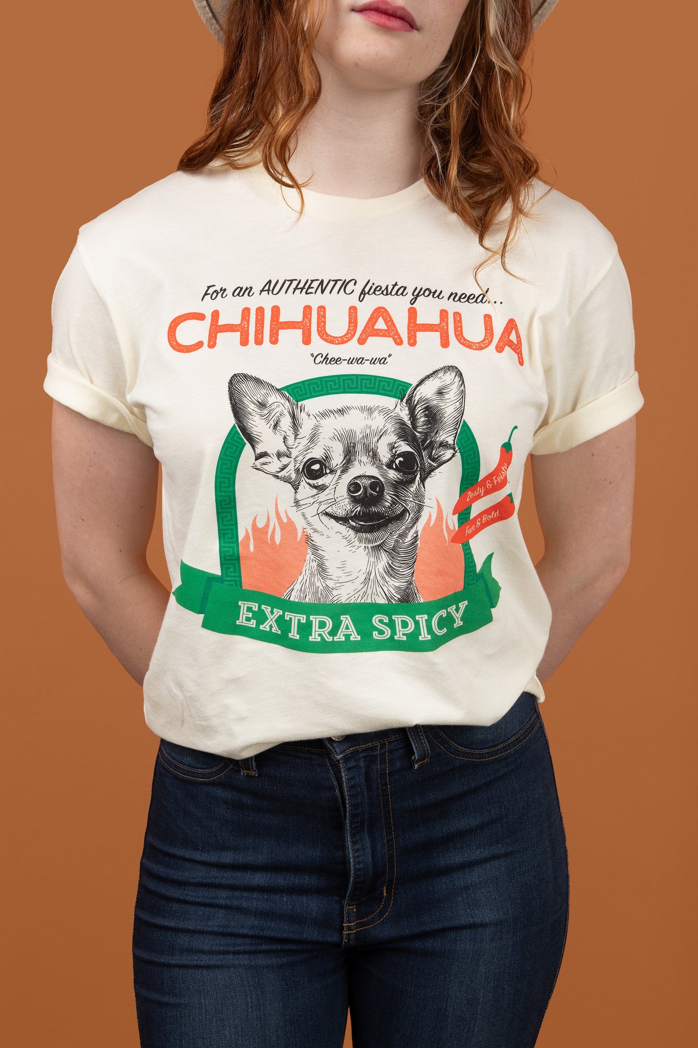 Close up image of woman wearing Pet Rodeo's Spicy Chihuahua Tshirt