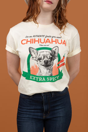 Close up image of woman wearing Pet Rodeo's Spicy Chihuahua Tshirt