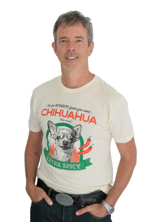 A man wearing a Spicy Chihuahua T-shirt