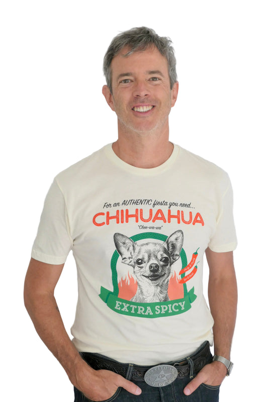 Man wearing a t-shirt with a Chihuahua graphic and text 