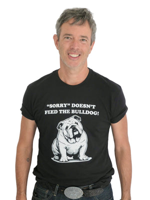 Man wearing a black t-shirt with a bulldog graphic and text