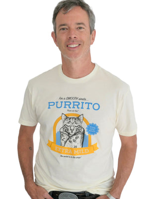 A man wearing a unisex Purrito Cat T-shirt