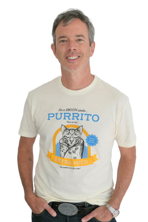 A man wearing a unisex Purrito Cat T-shirt