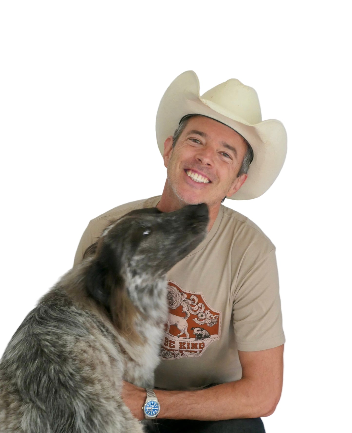 Man wearing a cowboy hat and a t-shirt with a dog on a white background