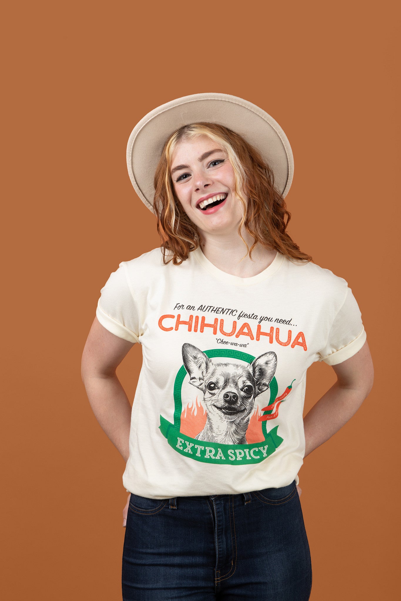 Woman wearing Pet Rodeo's Extra Spicy Chihuahua T-shirt