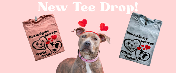 Banner introducing the new Valentines Pittie Tshirts by Pet Rodeo, that say 