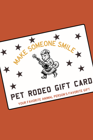 Pet Rodeo gift card design with text and star illustrations on a brown background