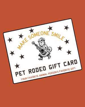 Pet Rodeo gift card design with text and star illustrations on a brown background