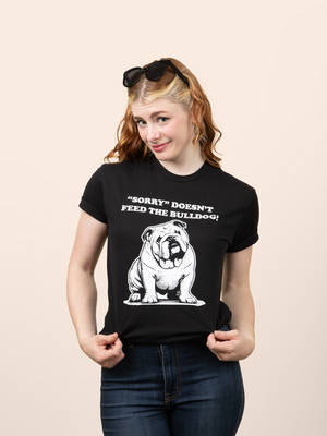 A Woman wearing Pet Rodeo's Black and White Bulldog graphic tshirt