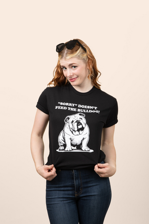 A Woman wearing Pet Rodeo's Black and White Bulldog graphic tshirt