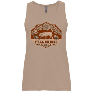Pet Rodeo's Women's Vintage Western Graphic Tank in Tan that says Y'all Be Kind